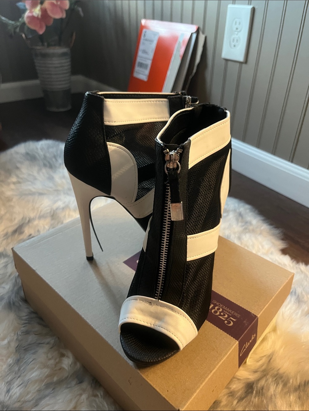 CUPID Black and White Peep-Toe Stiletto Ankle Boot